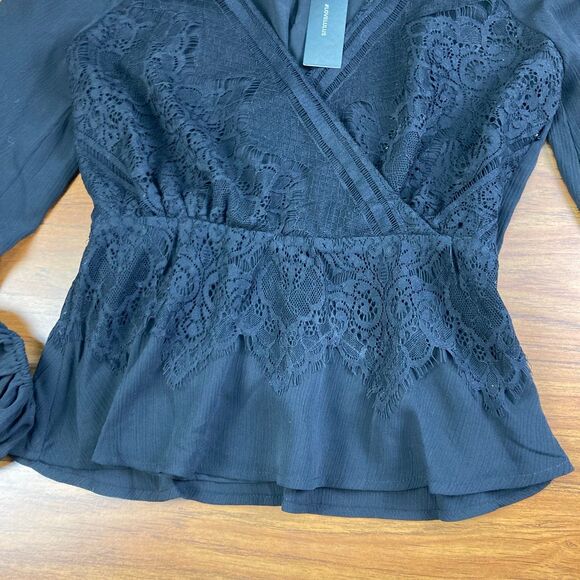 Lulu's Small Peasant Chiffon Lace Surplice Blouse Top Cropped Black Cocktail NWT - Picture 6 of 10